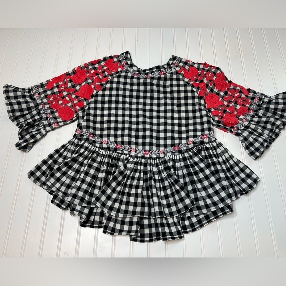 PANKAJ & NIDHI Gingham Swing Floral Tunic Blouse Top Small Anthropologie. 2097